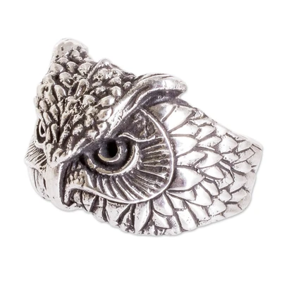 Sterling silver cocktail ring, 'Emblem of the Sage' - Owl-Shaped Sterling Silver Cocktail Ring from Costa Rica