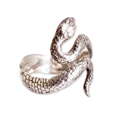 Anillo envolvente de plata de ley, 'Serpentine Elegance' - Anillo envolvente ajustable de plata de ley con forma de serpiente pulida