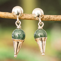 Jade dangle earrings, 'Silhouettes of Harmony' - Modern Cone-Shaped Natural Dark Green Jade Dangle Earrings
