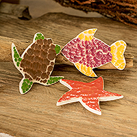 Wood magnets, 'Marine Realm' (set of 3) - Hand-Painted Sea Life-Themed Wood Magnets (Set of 3)