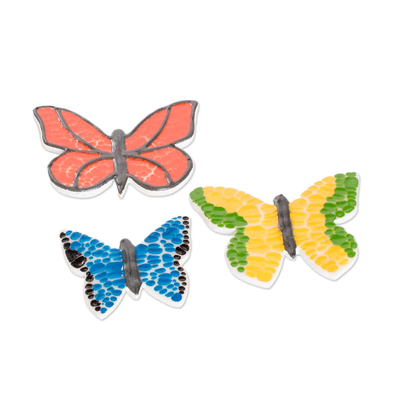 Holzmagnete, (3er-Set) - Set mit 3 handbemalten Schmetterlings-Holzmagneten aus Guatemala