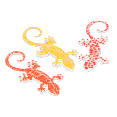 Wood magnets, 'Allies for Nature' (set of 3) - Set of 3 Hand-Painted Warm-Toned Gecko Wood Magnets