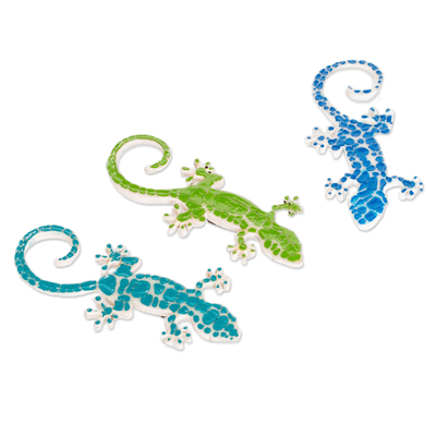 Holzmagnete, (3er-Set) - Set aus 3 handbemalten blauen und grünen Gecko-Holzmagneten