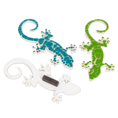 Wood magnets, 'Allies for the Ocean' (set of 3) - Set of 3 Hand-Painted Blue and Green Gecko Wood Magnets