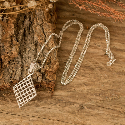 Collar colgante de plata esterlina - Collar con colgante pulido con estampado geométrico y forma de diamante
