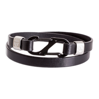 Men’s leather wrap bracelet, 'Elegance & Flair' - Men’s Leather Stainless Steel Wrap Bracelet from Costa Rica