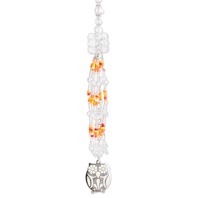 Crystal and glass beaded suncatcher, 'Wise Day' - Owl-Themed Warm-Toned Crystal and Glass Beaded Suncatcher