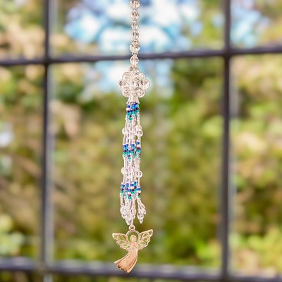 Crystal and glass beaded suncatcher, 'Angelic Day' - Angel-Themed Blue-Toned Crystal and Glass Beaded Suncatcher