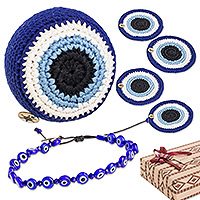 Set de regalo curado, 'Gemas de protección' - Pulsera Hacky Sack 4 posavasos Nazar Amulet Set de regalo curado