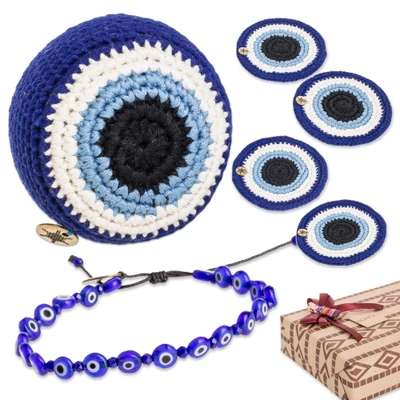 Curated gift set, 'Protection Gems' - Bracelet Footbag 4 Coasters Nazar Amulet Curated Gift Set