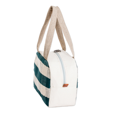 Cotton handbag, 'Checkered Viridian' - Handloomed Checkered Viridian Cotton Handbag with Zipper
