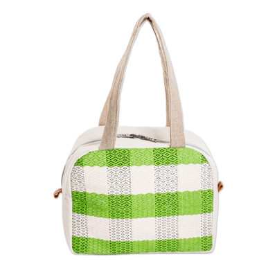 Cotton handbag, 'Checkered Kiwi' - Handloomed Checkered Kiwi Cotton Handbag with Zipper