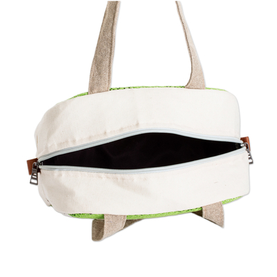 Cotton handbag, 'Checkered Kiwi' - Handloomed Checkered Kiwi Cotton Handbag with Zipper