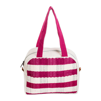 Cotton handbag, 'Checkered Magenta' - Handloomed Checkered Magenta Cotton Handbag with Zipper