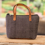 Leather-accented cotton handbag, 'Onyx Time' - Handloomed Leather-Accented Onyx and White Cotton Handbag