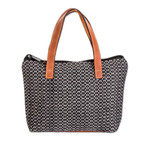 Leather-accented cotton handbag, 'Onyx Time' - Handloomed Leather-Accented Onyx and White Cotton Handbag