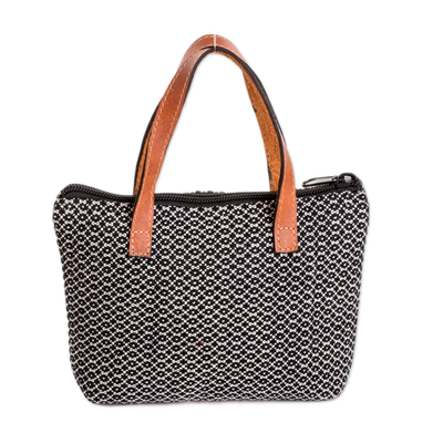 Leather-accented cotton handbag, 'Onyx Time' - Handloomed Leather-Accented Onyx and White Cotton Handbag