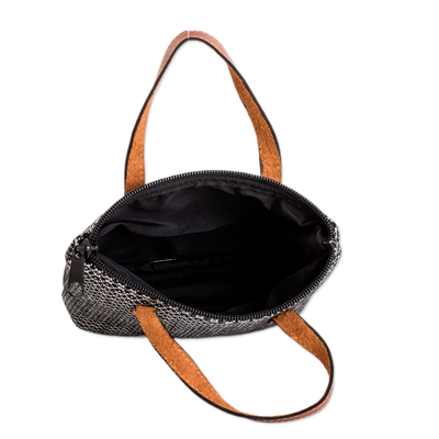 Leather-accented cotton handbag, 'Onyx Time' - Handloomed Leather-Accented Onyx and White Cotton Handbag