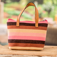 Bolso de algodón con detalles en cuero, 'Dulcet Time' - Bolso de algodón rosa y marrón con detalles en cuero a rayas