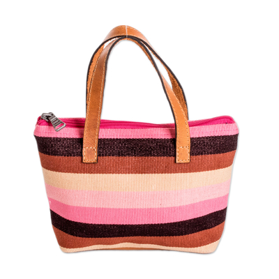 Bolso de mano de algodón con detalles en piel - Bolso de mano de algodón rosa y marrón con detalles en cuero a rayas