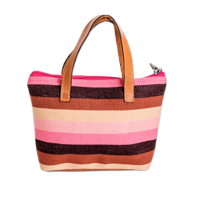 Handtasche aus Baumwolle mit Lederakzenten - Gestreifte Handtasche aus Baumwolle in Rosa und Braun mit Lederakzenten