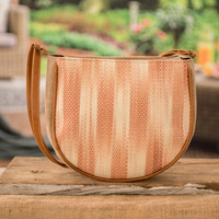 Leather-accented cotton sling bag, 'Moony Peach' - Handloomed Half-Moon Leather-Accented Peach Cotton Sling Bag