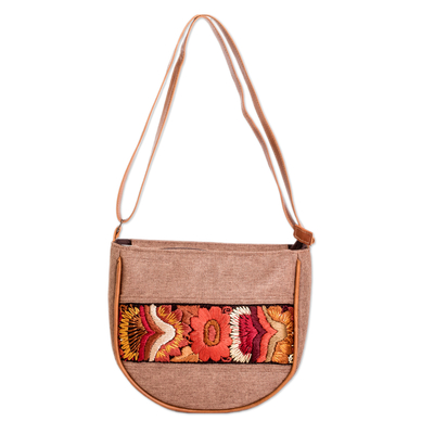 Leather-accented cotton sling bag, 'Moony Autumn' - Handloomed Half-Moon Leather-Accented Sepia Cotton Sling Bag