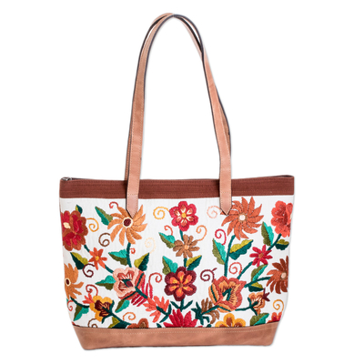 Bolso de hombro de algodón con detalles de cuero - Bolso de hombro de algodón con bordado floral y detalles en cuero