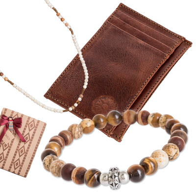 Men's curated gift set, 'Earthy Flair' - Men's Curated Gift Set with Card Wallet Necklace & Bracelet