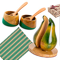 Curated gift set, 'Green Kitchen' - Napkin Holder 2 Salsa Bowls and 6 Placemats Curated Gift Set