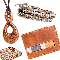 Set de regalo seleccionado para hombres, 'His Style' - Set de regalo seleccionado para hombres con collar tipo billetera y 4 pulseras