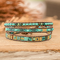 Glass beaded strand wristband bracelet, 'Beach Days' - Golden and Green Glass Beaded Strand Wristband Bracelet