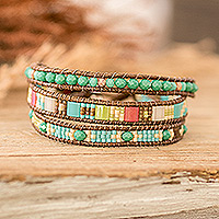 Glass beaded strand wristband bracelet, 'Tropical Days' - Green and Red Glass Beaded Strand Wristband Bracelet