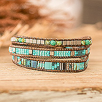 Glass beaded strand wristband bracelet, 'Lagoon Days' - Turquoise and Silver Glass Beaded Strand Wristband Bracelet