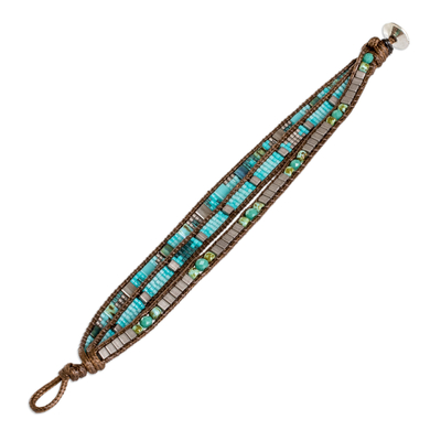 Glass beaded strand wristband bracelet, 'Lagoon Days' - Turquoise and Silver Glass Beaded Strand Wristband Bracelet