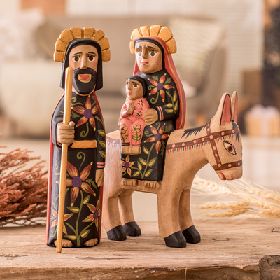 Pinewood sculptures, 'Journey to Egypt' (Set of 2) - Set of 2 Hand-Carved Pinewood Sculptures of the Holy Family