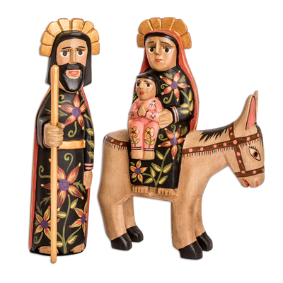 Skulpturen aus Kiefernholz, (2er-Set) - Set aus 2 handgeschnitzten Kiefernholzskulpturen der Heiligen Familie