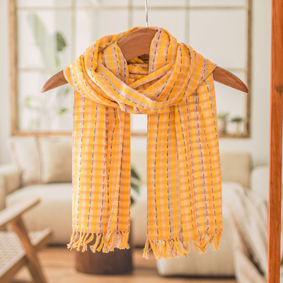 Cotton scarf, 'Field of Daisies' - Hand-Woven Striped Fringed Yellow Brown & Beige Cotton Scarf
