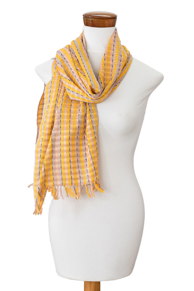 Cotton scarf, 'Field of Daisies' - Hand-Woven Striped Fringed Yellow Brown & Beige Cotton Scarf