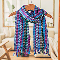 Bufanda de algodón, 'Colors of the Lake' - Bufanda colorida de algodón tejida a mano con rayas y flecos
