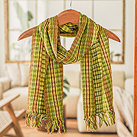 Bufanda de algodón, 'Bosques de las Tierras Altas' - Bufanda de algodón verde marrón y negro con flecos a rayas tejida a mano