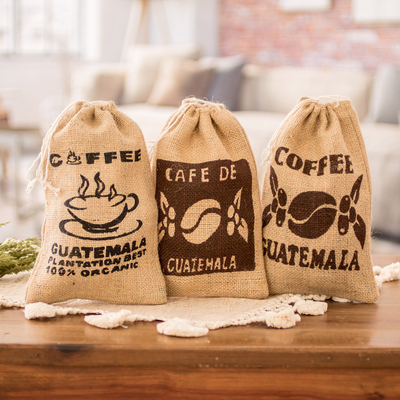 Natural fiber drawstring bags, 'Guatemalan Coffee' (set of 3) - Set of 3 Printed Coffee-Themed Natural Fiber Drawstring Bags