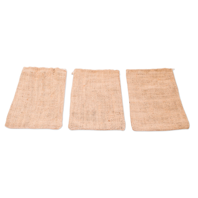 Natural fiber drawstring bags, 'Guatemalan Coffee' (set of 3) - Set of 3 Printed Coffee-Themed Natural Fiber Drawstring Bags