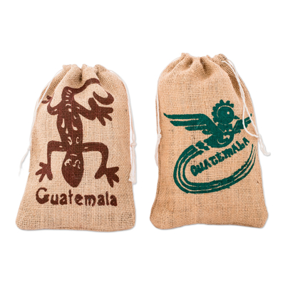 Natural fiber drawstring bags, 'Guatemalan Wildness' (set of 2) - Set of 2 Animal-Themed Screen-Printed Drawstring Bags