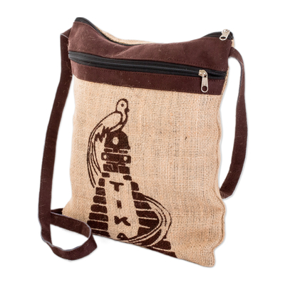 Natural fiber sling bag, 'Tikal Memory' - Screen-Printed Tikal Temple Brown Natural Fiber Sling Bag