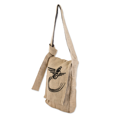 Natural fiber messenger bag, 'Quetzal Signal' - Screen-Printed Quetzal Bird Natural Fiber Messenger Bag