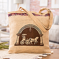 Natural fiber tote bag, 'Carriage Era' - Screen-Printed Classic Cotton-Accented Jute Fiber Tote Bag