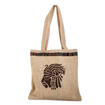 Bolso tote de fibras naturales - Tote de fibra de yute con detalles de algodón y guerrero maya serigrafiado