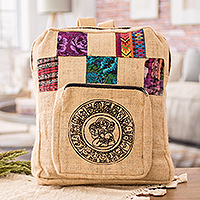 Naturfaser-Rucksack „Timeless Journey“ – handgefertigter Maya-Kalender-Rucksack aus Jutefaser mit Siebdruck