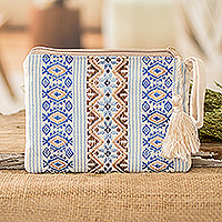 Cotton wristlet, 'Bright Skies' - Handloomed Blue and Ivory Cotton Wristlet with Tassel